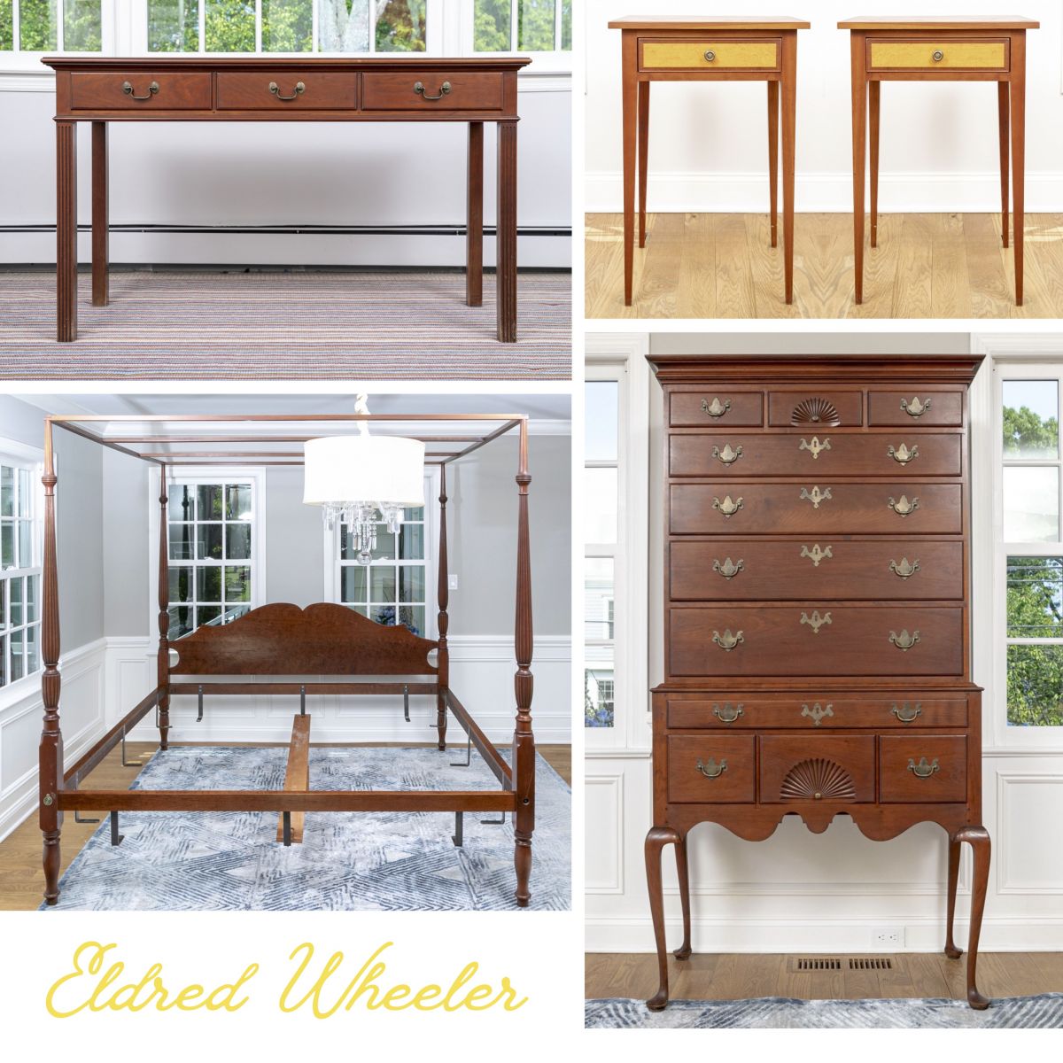 Examples of Eldred Wheeler cherrywood furniture including a console/sofa table, a pair of stands, a Queen Anne style highboy, and a king size poster bed with tapering cylindrical wooden posts